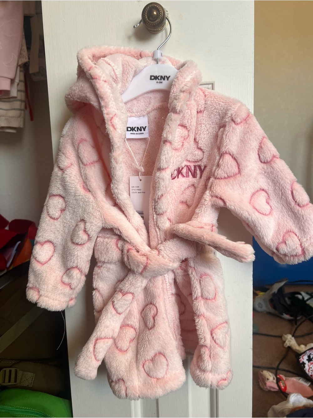 DKNY Pink Heart Plush Hooded Kids Robe with Tie Waist